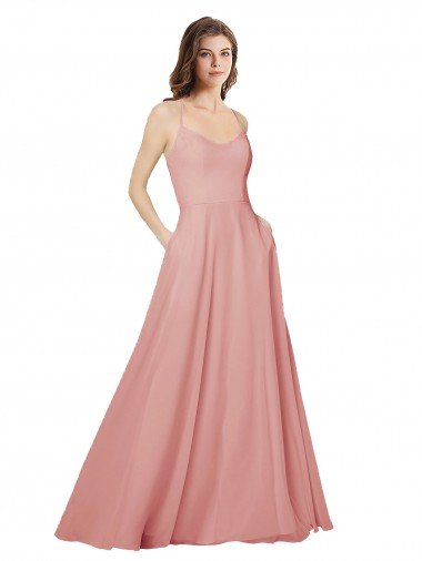 Outlet Open Back Wide Tie Band Long Chiffon Bridesmaid Dress with Pockets