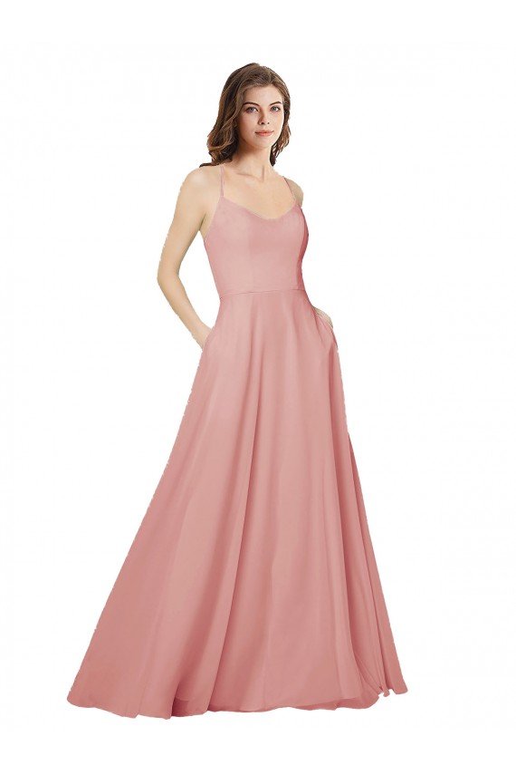 Outlet Open Back Wide Tie Band Long Chiffon Bridesmaid Dress with Pockets