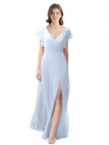 Outlet Flutter Sleeves Long Chiffon Bridesmaid Dress with Daring Open Back and Side Slit