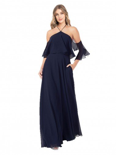 Outlet Halter Neck Cold Shoulder Flutter Sleeves Bridesmaid Dress