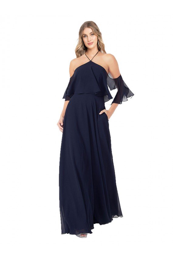 Outlet Halter Neck Cold Shoulder Flutter Sleeves Bridesmaid Dress