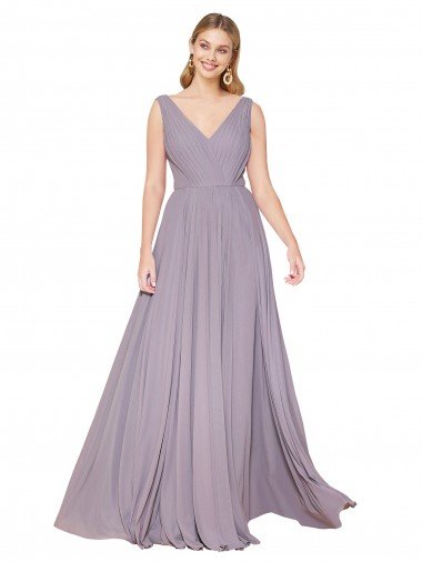 Outlet Draped Floor Length High Neck V-Back Chiffon Bridesmaid Dress / Formal Prom Dress with Shirred Bodice