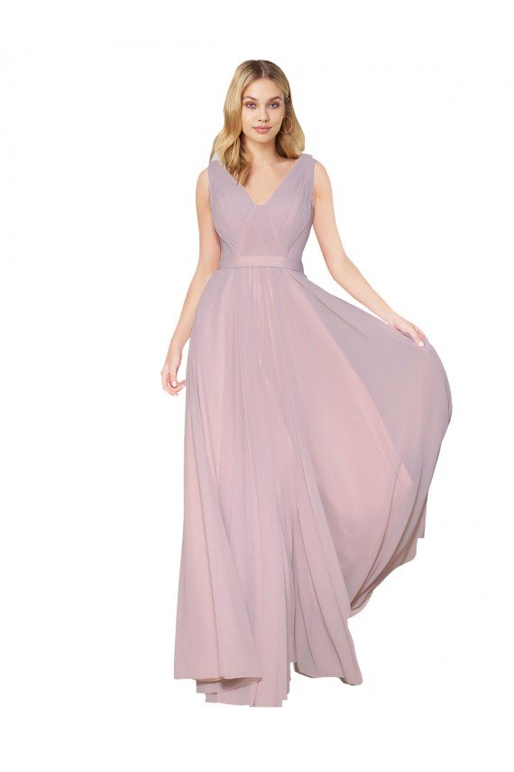 Outlet Draped V-Neck Long Chiffon Bridesmaid Dress / Formal Prom Dress with Shirred Bodice