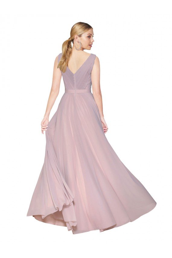 Outlet Draped V-Neck Long Chiffon Bridesmaid Dress / Formal Prom Dress with Shirred Bodice