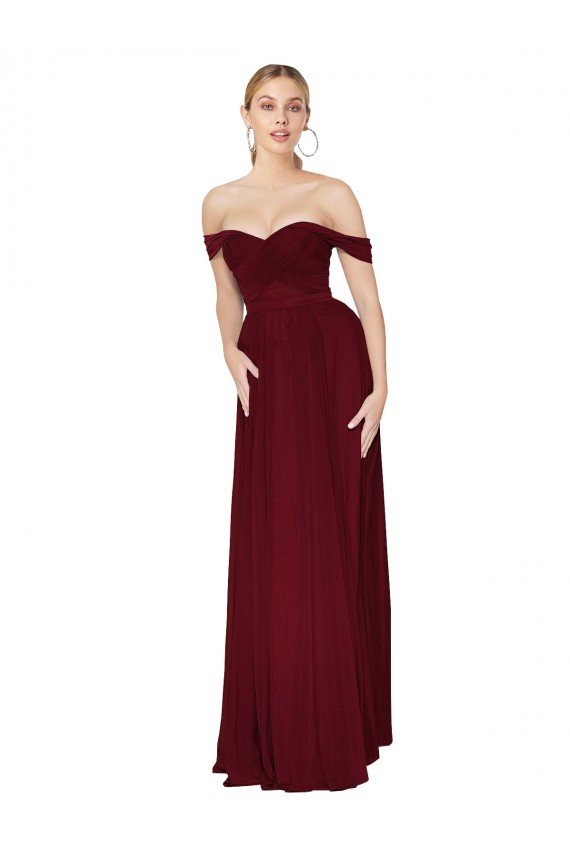 Outlet Shirred Sweetheat Neckline Off the Shoulder Long Chiffon Bridesmaid Dress / Formal Prom Dress