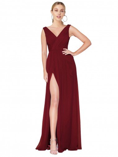 Outlet Draped Mermaid Long V-Neck Chiffon Bridesmaid Dress / Formal Prom Dress with High Slit