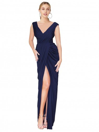 Outlet Draped V-Neck Long Chiffon Bridesmaid Dress / Formal Prom Dress with Front Slit