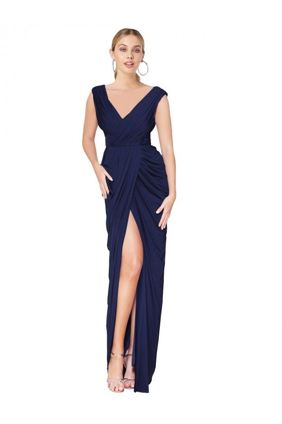 Outlet Draped V-Neck Long Chiffon Bridesmaid Dress / Formal Prom Dress with Front Slit