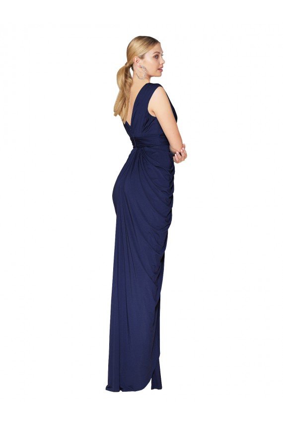 Outlet Draped V-Neck Long Chiffon Bridesmaid Dress / Formal Prom Dress with Front Slit