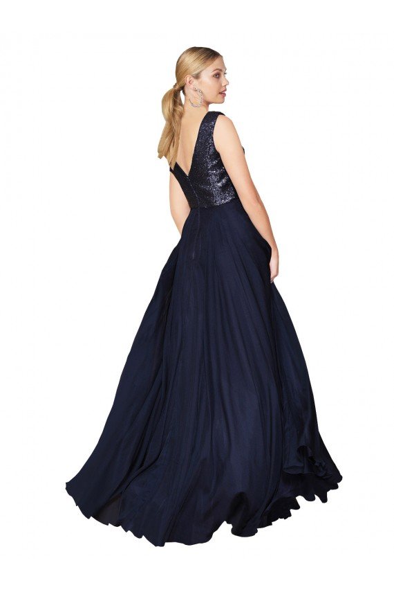 Outlet High Neck V-Neck Long Chiffon Bridesmaid Dress / Prom Dress with Sequin Top