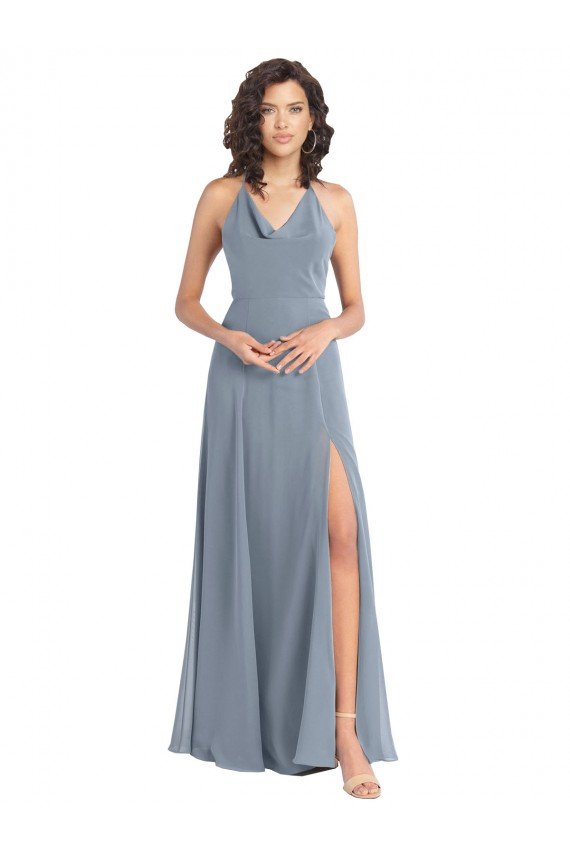 Outlet Slim A-Line Cowl Neck Long Chiffon Bridesmaid Dress with Side High Slit