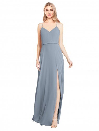 Outlet Spaghetti Straps V-Neckline Long Chiffon Bridesmaid Dress with High Slit