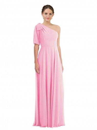 Outlet Bow One Shoulder Flounce Sleeve Maxi Bridesmaid Dress