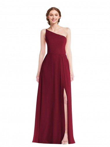 Outlet One Shoulder Chiffon Maxi Bridesmaid Dress with Shirred Front Slit
