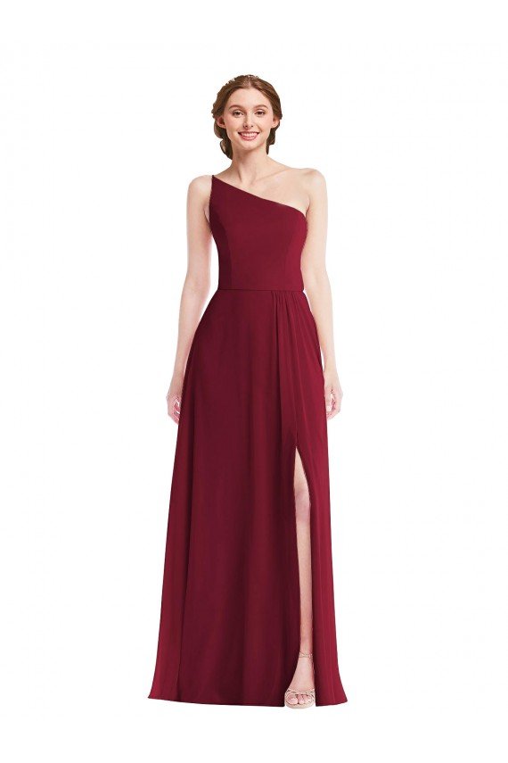 Outlet One Shoulder Chiffon Maxi Bridesmaid Dress with Shirred Front Slit