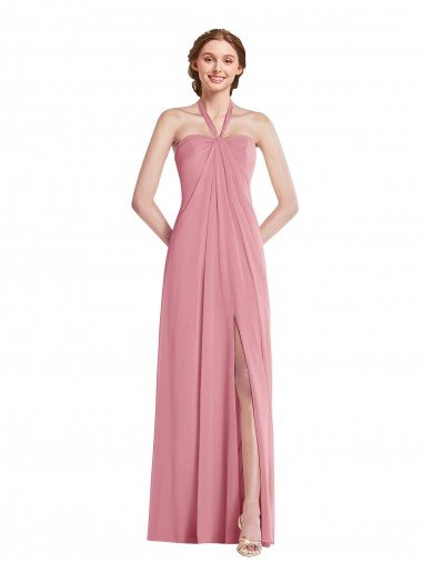 Outlet Draped Chiffon Grecian Column Bridesmaid Dress with Front Slit