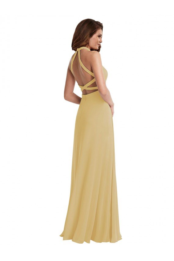 Outlet Stand Collar Halter Maxi Bridesmaid Dress with Criss Cross Open Back