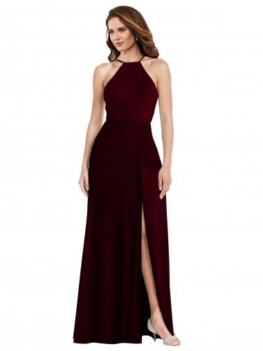 Outlet Halter Spaghetti Straps Maxi Bridesmaid Dress with Front Slit