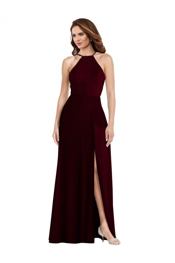 Outlet Halter Spaghetti Straps Maxi Bridesmaid Dress with Front Slit