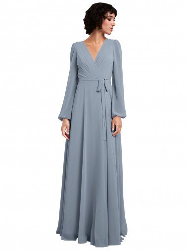 Outlet Wrap Style Long Sleeves Chiffon Bridesmaid Dress with Pleated Bodice