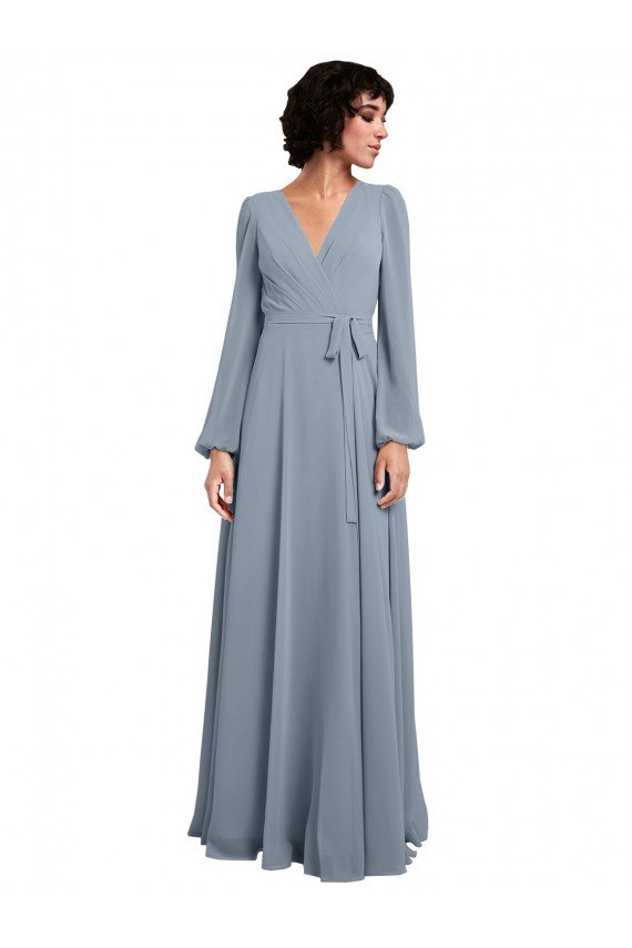Outlet Wrap Style Long Sleeves Chiffon Bridesmaid Dress with Pleated Bodice