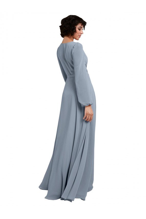 Outlet Wrap Style Long Sleeves Chiffon Bridesmaid Dress with Pleated Bodice