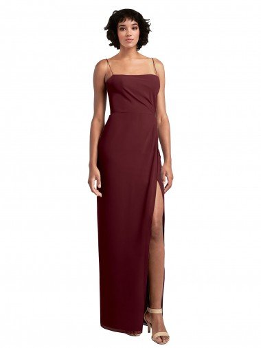 Outlet Sleek Straight Neckline Chiffon Bridesmaid Dress with Spaghetti Straps and High Side Slit