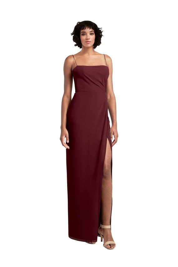 Outlet Sleek Straight Neckline Chiffon Bridesmaid Dress with Spaghetti Straps and High Side Slit