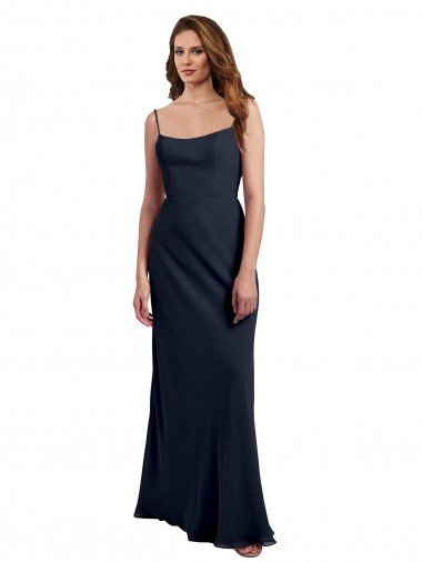 Outlet Scoop Neck Long Chiffon Open Back Bridesmaid Dress with Spaghetti Straps