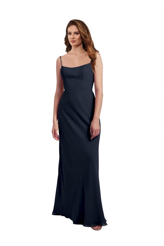 Outlet Scoop Neck Long Chiffon Open Back Bridesmaid Dress with Spaghetti Straps