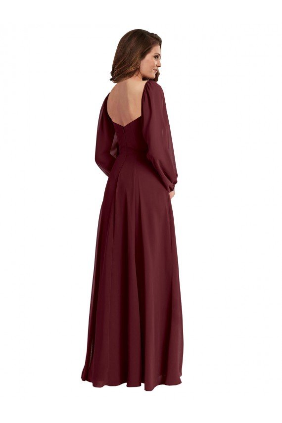 Outlet Sheer Long Sleeves Chiffon Bridesmaid Dress with High Slit
