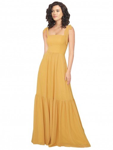 Outlet Tied Strap Square Neck Long Chiffon Bridesmaid Dress