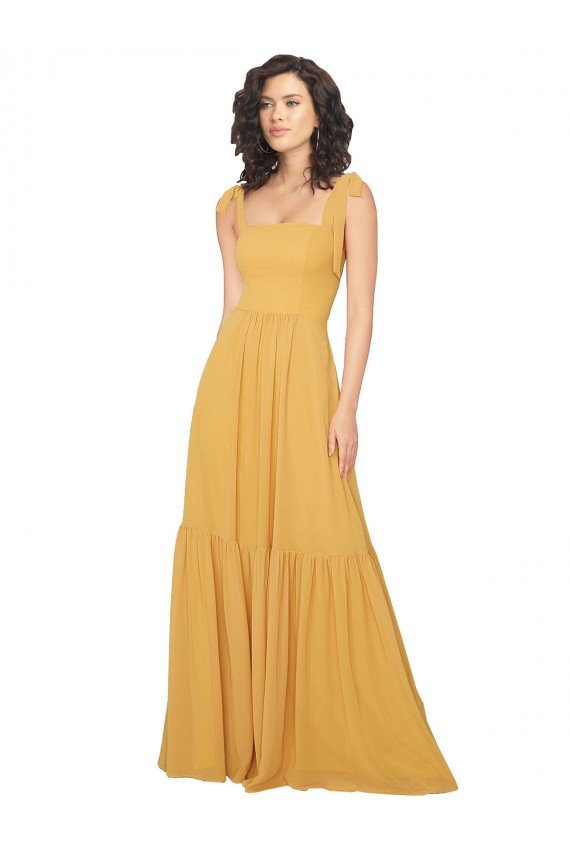 Outlet Tied Strap Square Neck Long Chiffon Bridesmaid Dress