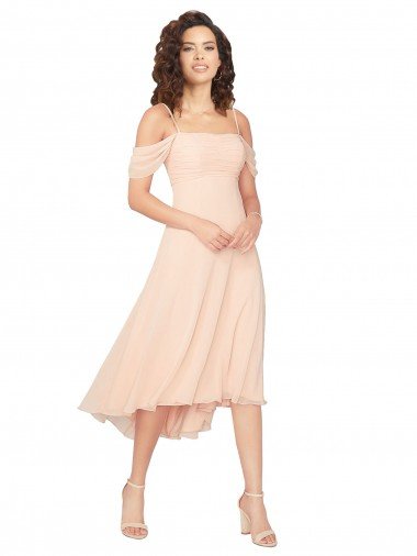Outlet Cold Shoulder Midi Length Short Chiffon Bridesmaid Dress