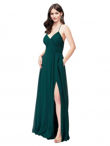 Outlet Chiffon Bridesmaid Dress with Draped Surplice Bodice & Pockets