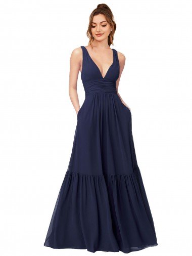 Outlet Floor Length Deep V-Neck Ruched Chiffon Long Bridesmaid Dress