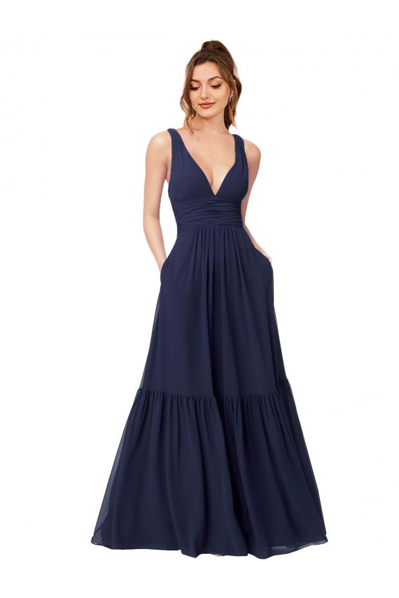 Outlet Floor Length Deep V-Neck Ruched Chiffon Long Bridesmaid Dress