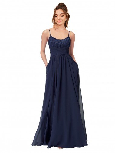 Outlet Long Chantilly Lace and Ruched Chiffon Bridesmaid Dress with Pockets