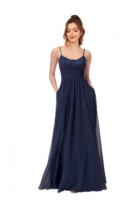 Outlet Long Chantilly Lace and Ruched Chiffon Bridesmaid Dress with Pockets