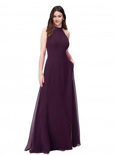 Outlet Chiffon High-Halter Bridesmaids Dress with Keyhole Back