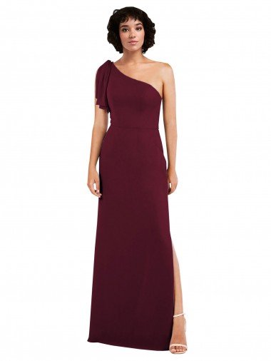 Outlet One Shoulder Chiffon Formal Bridesmaid Dress with Skirt Slit and Accent Strap