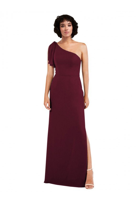 Outlet One Shoulder Chiffon Formal Bridesmaid Dress with Skirt Slit and Accent Strap