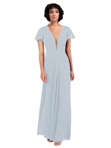 Outlet Deep V-Neckline Chiffon Bridesmaid Dress with Flutter Sleeves