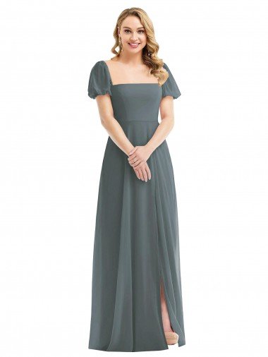 Outlet Puff Sleeves Chiffon Maxi Bridesmaid Dress with Front Slit