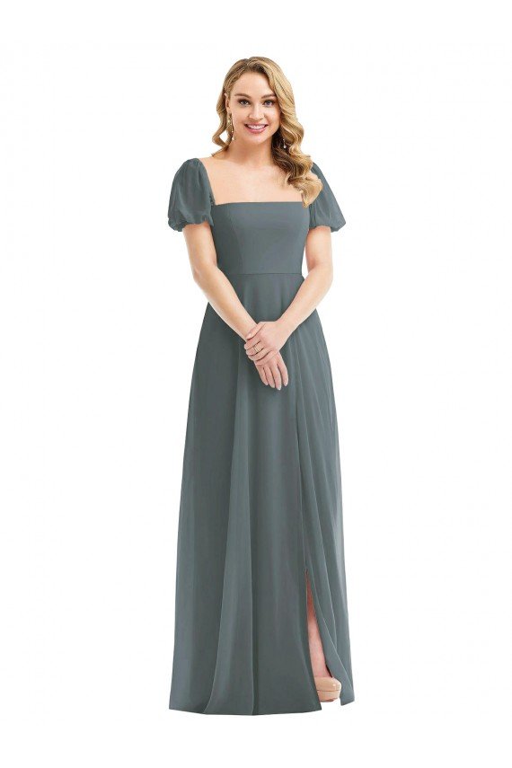 Outlet Puff Sleeves Chiffon Maxi Bridesmaid Dress with Front Slit