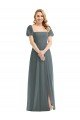 Outlet Puff Sleeves Chiffon Maxi Bridesmaid Dress with Front Slit