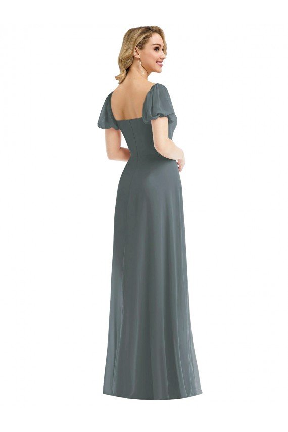 Outlet Puff Sleeves Chiffon Maxi Bridesmaid Dress with Front Slit