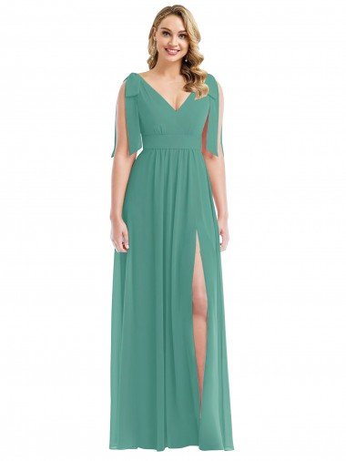Outlet Plunge Neckline Bow Shoulder Chiffon Maxi Bridesmaid Dress