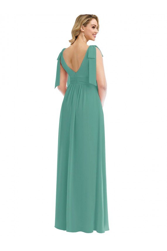 Outlet Plunge Neckline Bow Shoulder Chiffon Maxi Bridesmaid Dress