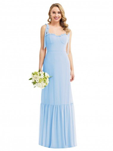 Outlet Tie Shoulder Bustier Bodice Ruffle Hem Maxi Bridesmaid Dress